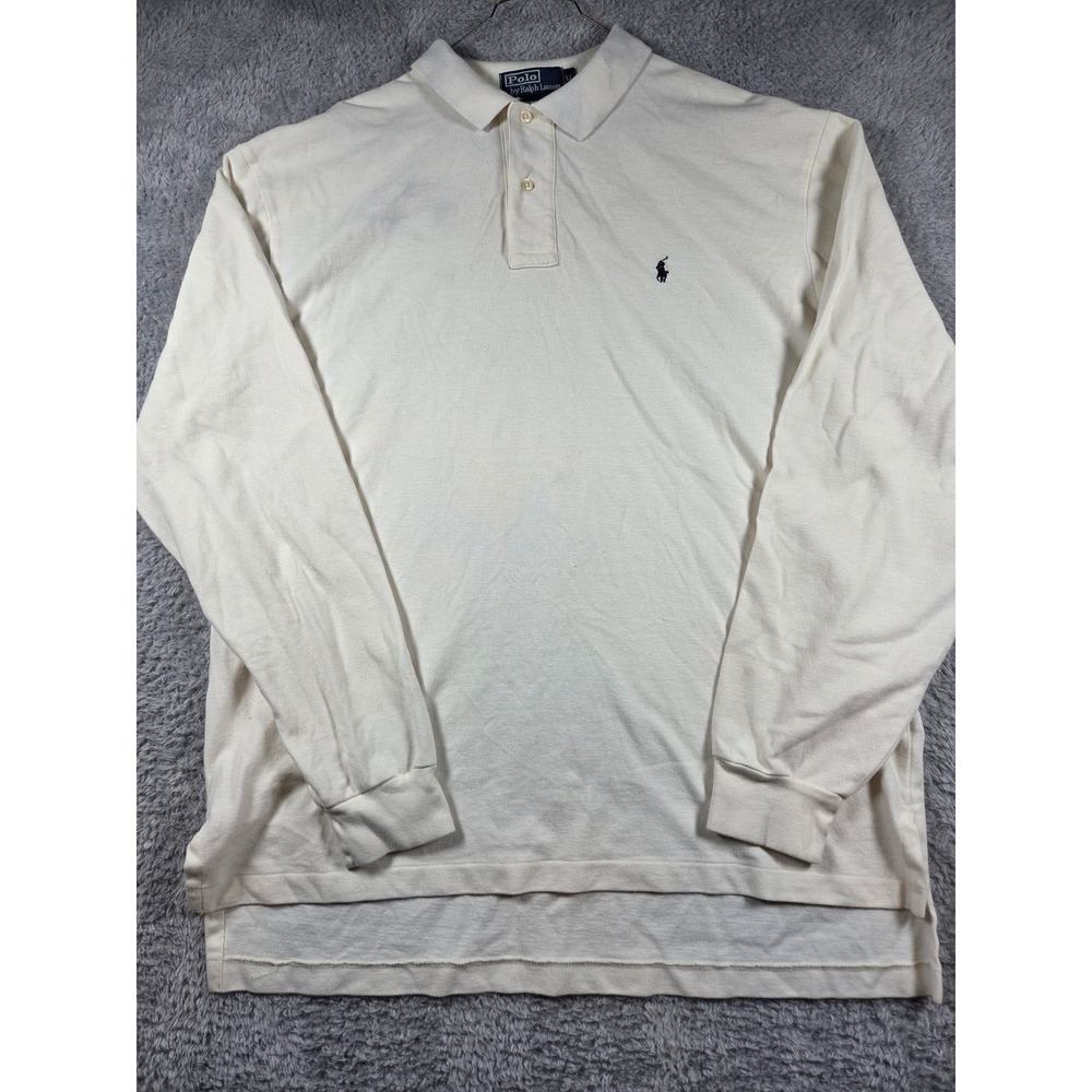 Polo Ralph Lauren Polo Shirt XL Cream Mens Long Sleeve Pique Cotton Logo